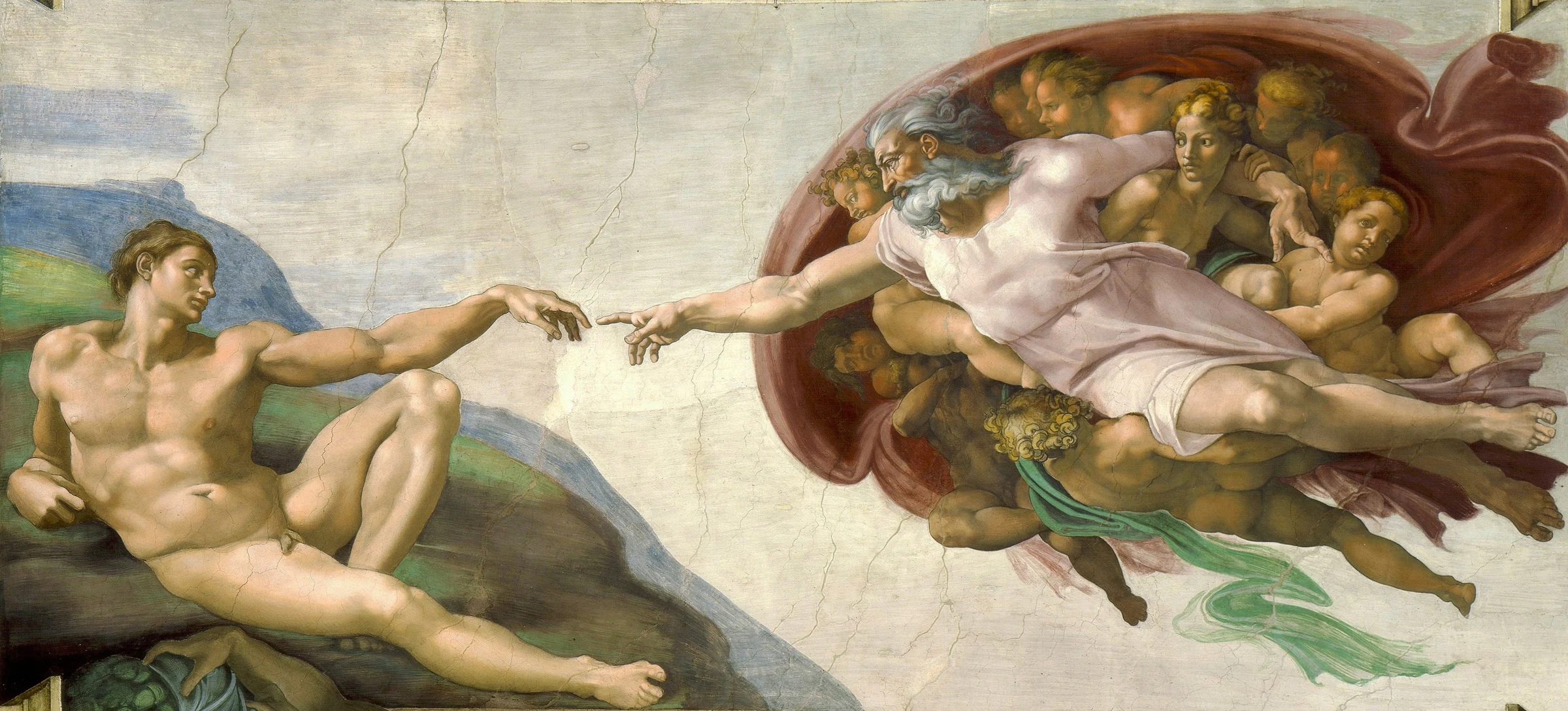 A pixelated human and AI hand reaching toward each other